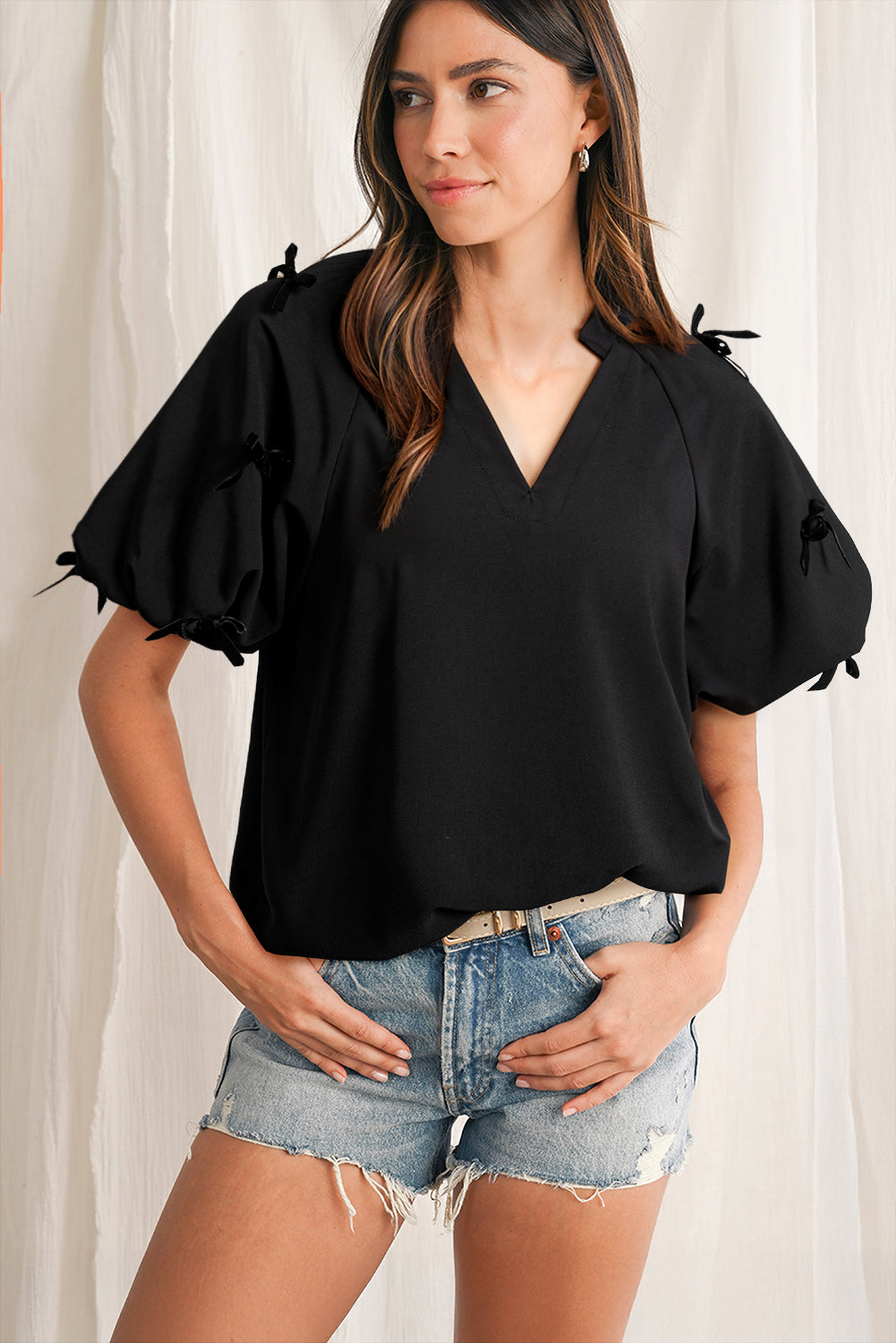 Black Bow Decor Puff Sleeve Split Neck Blouse