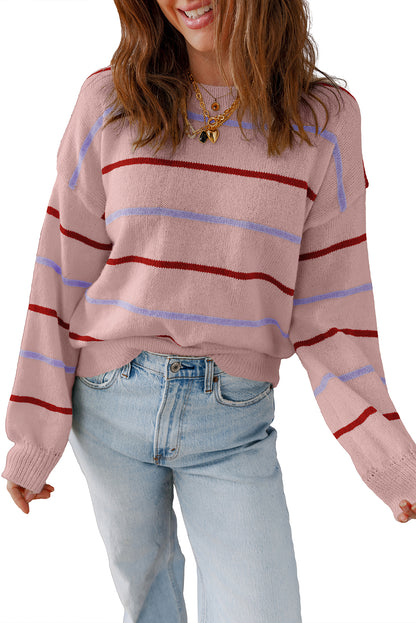 Pink Stripe Ribbed Edge Drop Shoulder Sweater