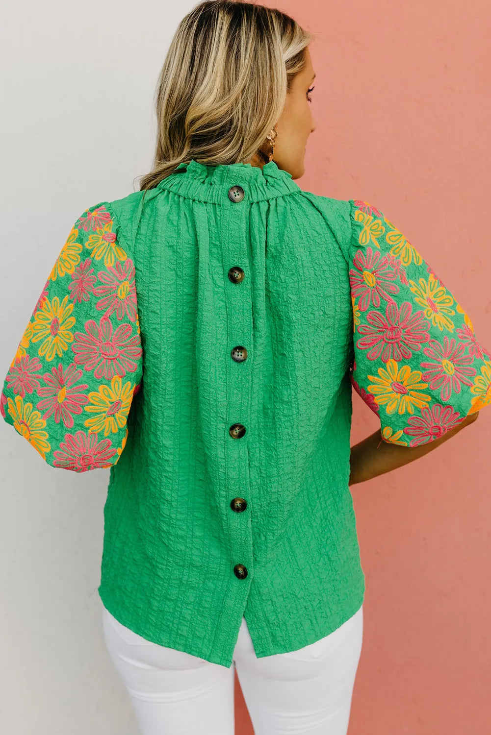 Bright Green Floral Puff Short Sleeve Ruffled Collar Button Back Top - Chic Meadow Boutique 