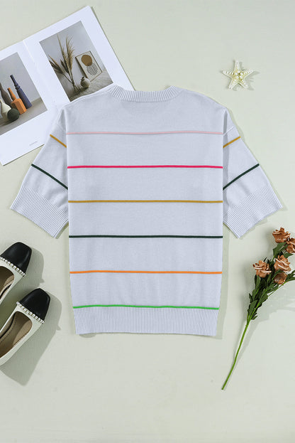 Beau Blue Colorblock Striped Half Sleeve Drop Shoulder Sweater