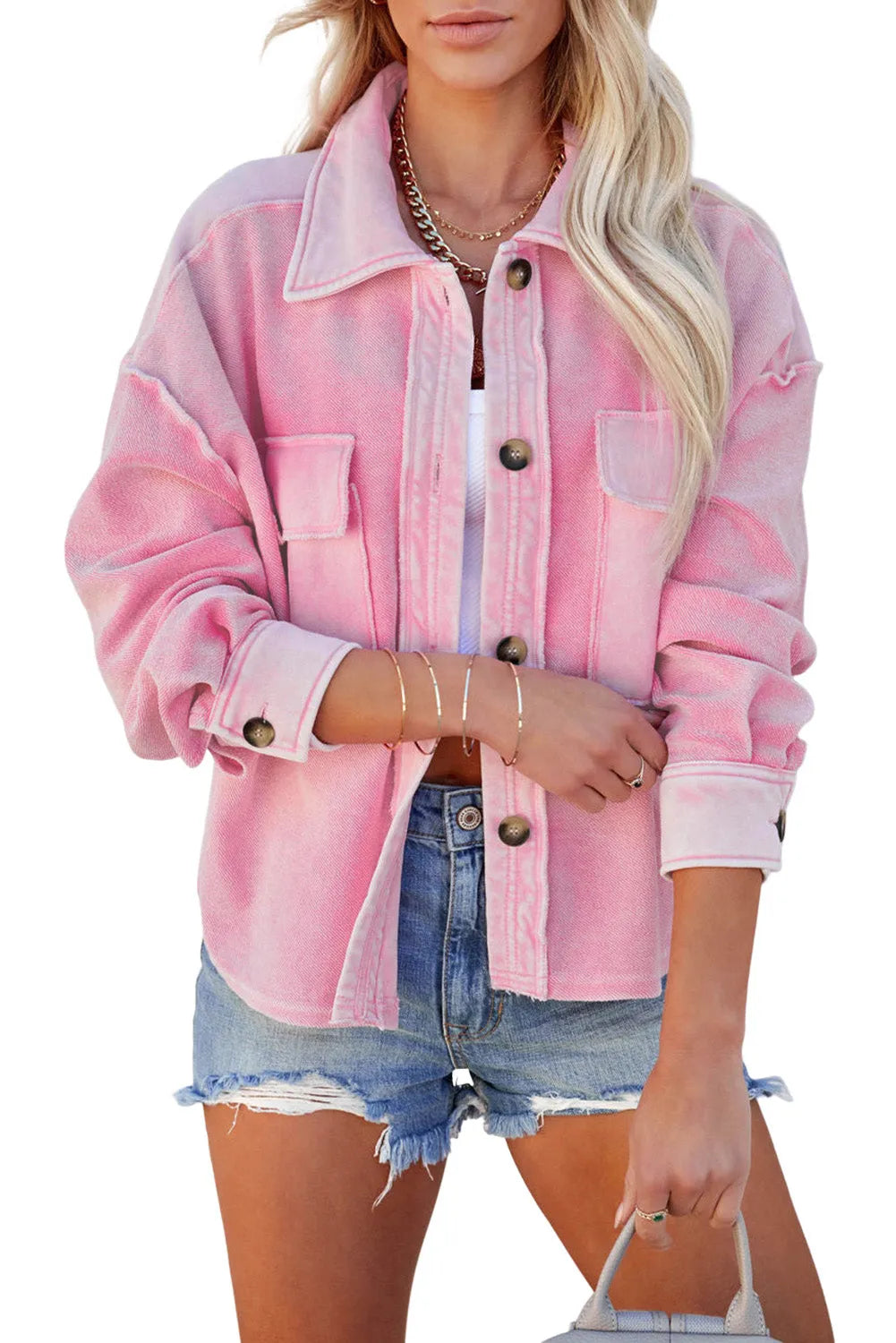 Pink Turn-Down Collar Pockets Shirt Jacket - Chic Meadow Boutique 