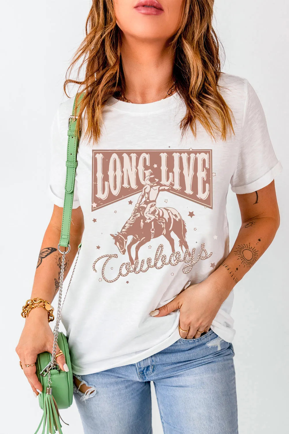 White LONG LIVE Cowboy Graphic Crewneck T Shirt - Chic Meadow Boutique 