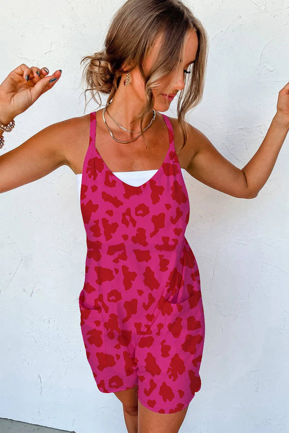 Rose Red Leopard Pocketed V Neck Sleeveless Romper - Chic Meadow Boutique 