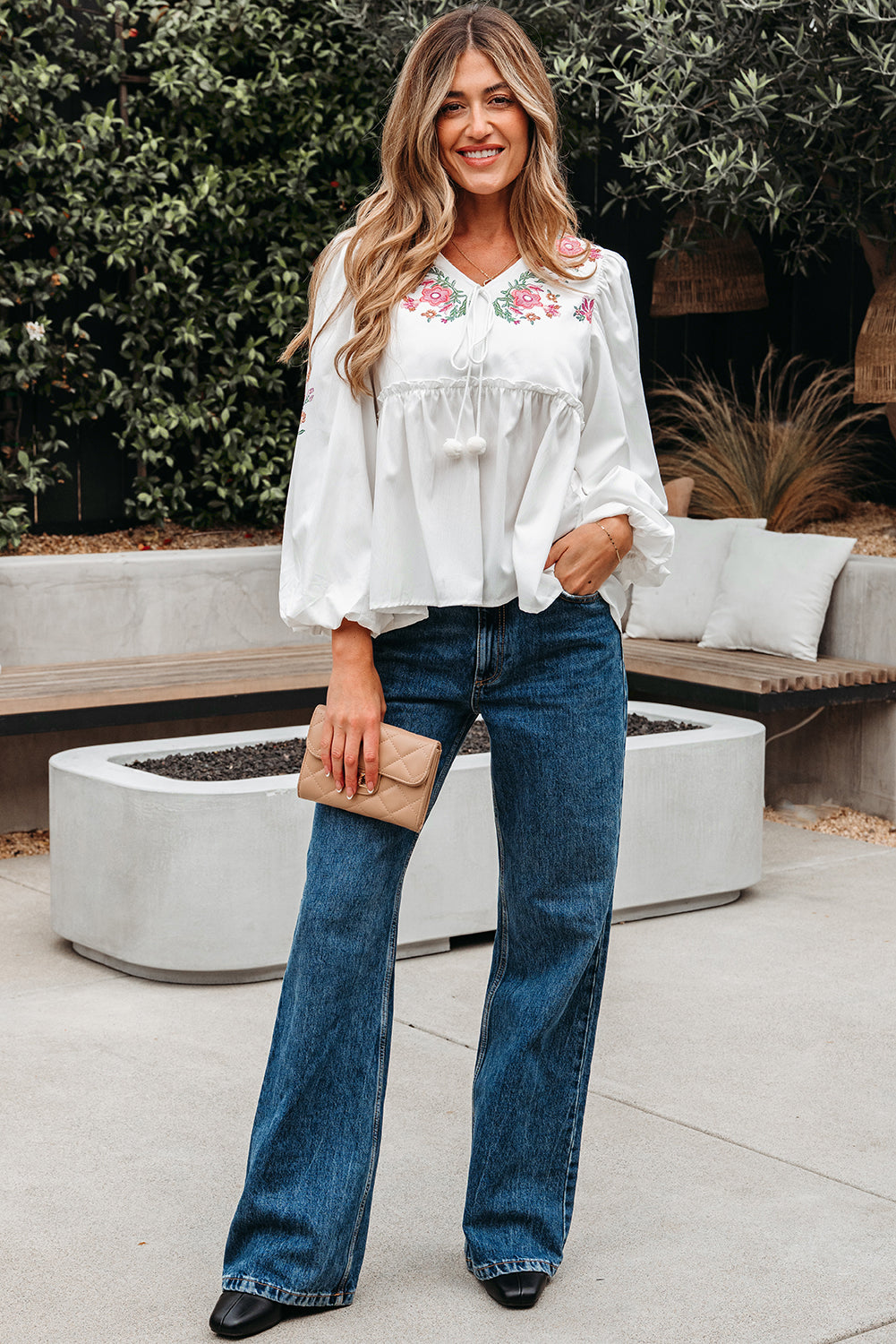 White Flower Lace-up V Neck Babydoll Blouse