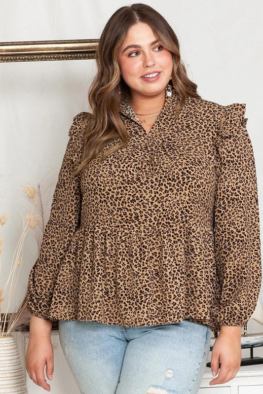 Plus Size/Plus Size Tops Leopard / 1X / 100%Polyester Leopard Frilled Shoulder Decor Plus Size Babydoll Top