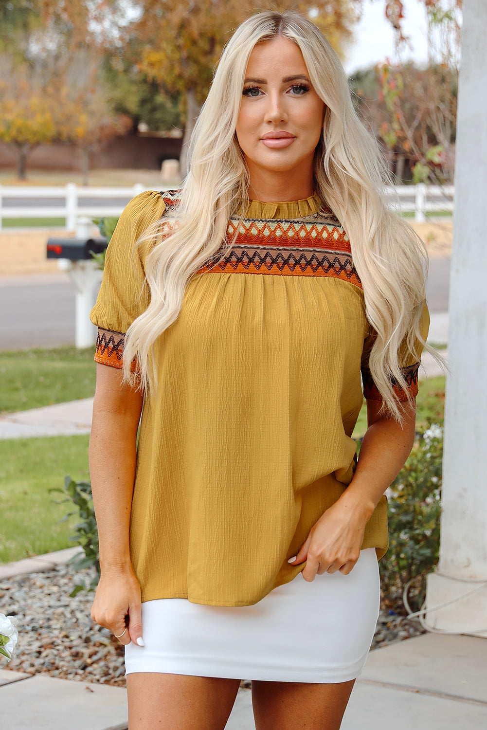 Mustard Geometric Short Puff Sleeve Frilled Collar Blouse