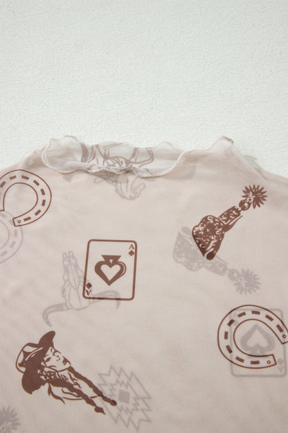Oatmeal Western Printed Mesh Short Sleeve Top