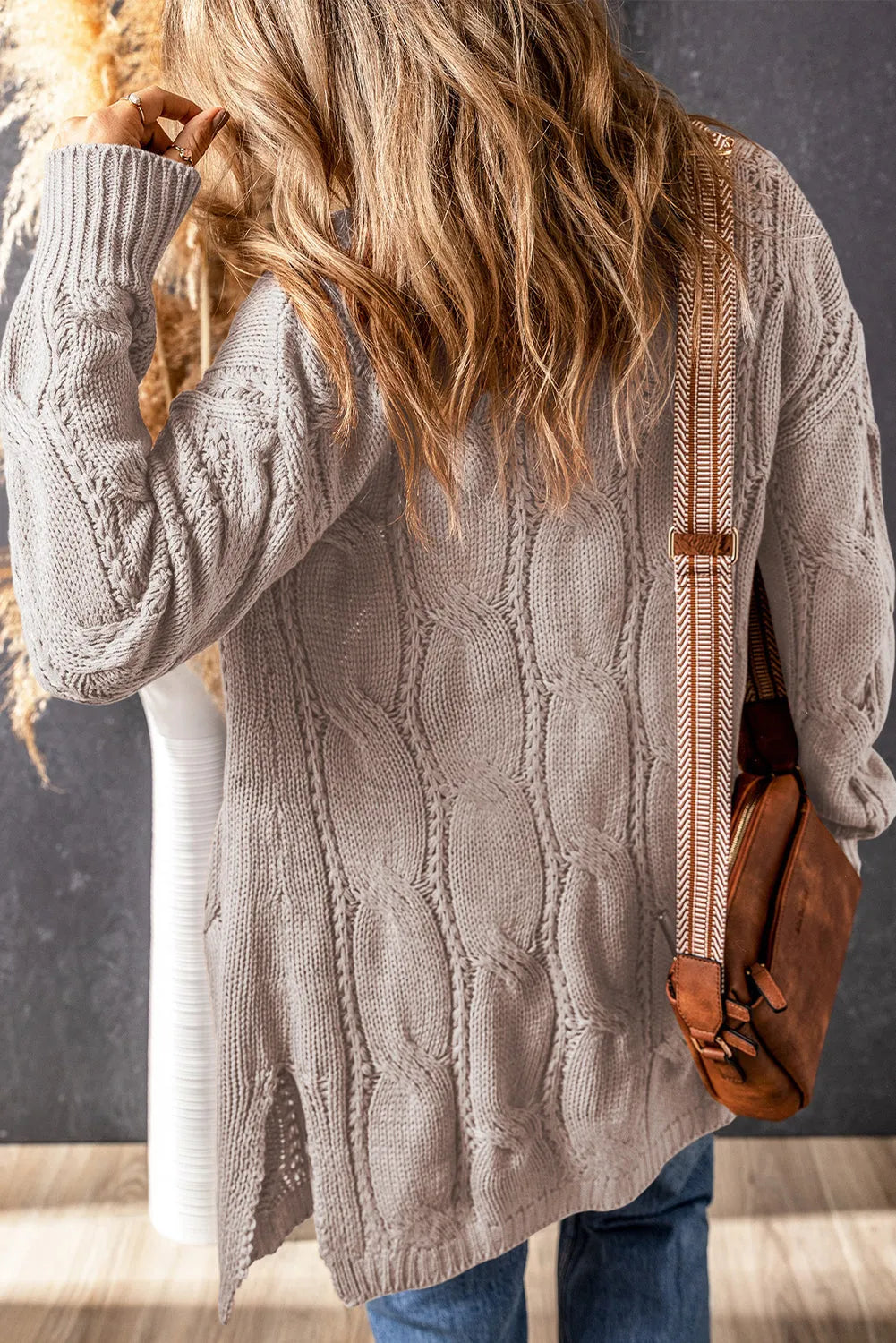 Apricot Ribbed Trim Eyelet Cable Knit Cardigan - Chic Meadow Boutique 