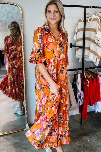 Orange Abstract Print Pleated Half Sleeve Buttoned Maxi Dress - Chic Meadow Boutique 