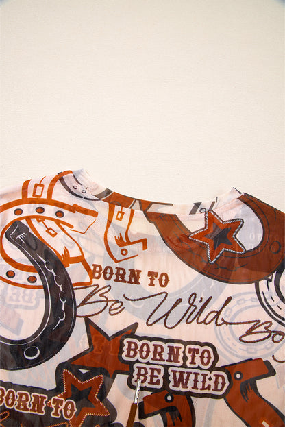 Brown Western Horseshoe Printed Mesh T Shirt
