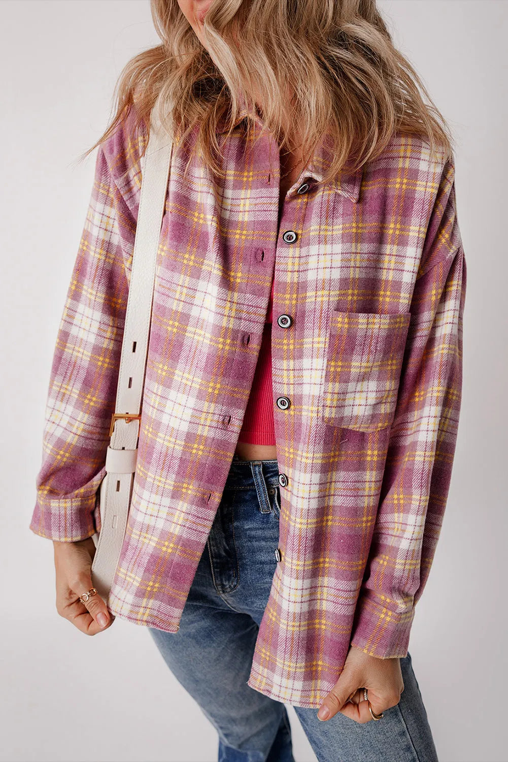 Pink Plaid Print Chest Pocket Long Sleeve Shacket - Chic Meadow Boutique 