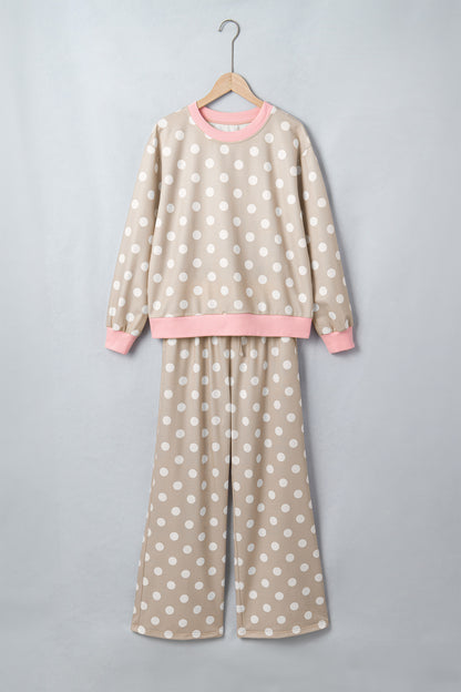 Khaki Polka Dot Contrast Trim Long Sleeve Top Drawstring Shift Pants Set