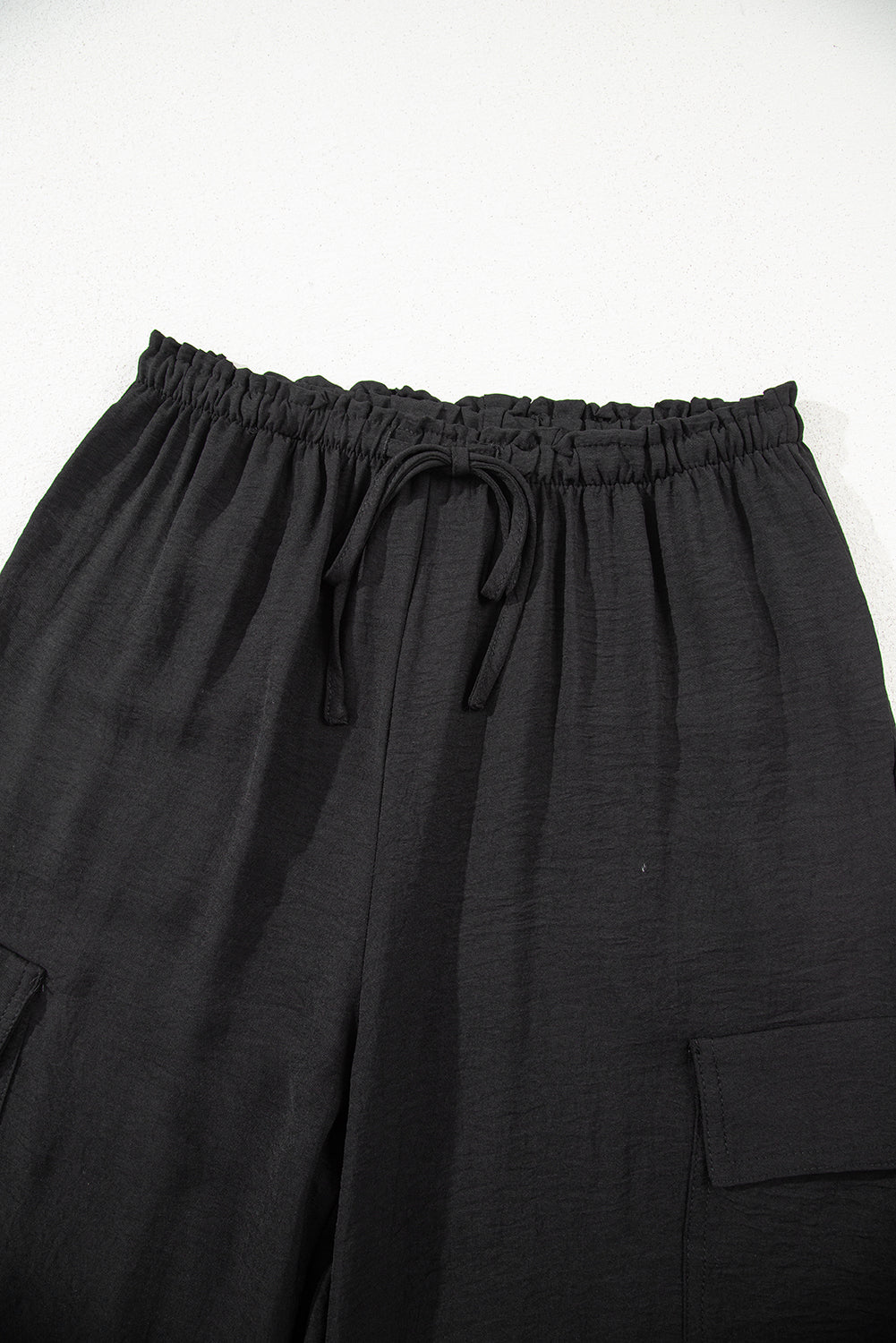 Black Drawstring Frilled Waist Wide Leg Utility Trousers