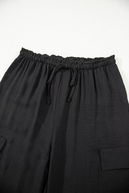 Black Drawstring Frilled Waist Wide Leg Utility Trousers