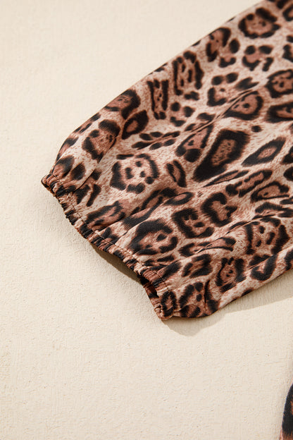 Brown Leopard Bow Tie Puff Sleeve Blouse
