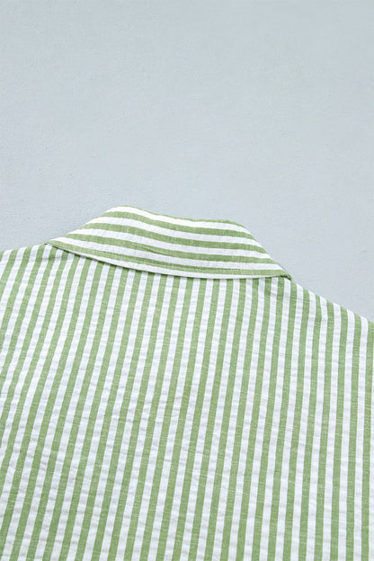 Green Stripe Shirt Collar Half Sleeve Blouse