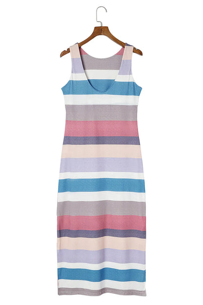 Multicolor Stripe Print Slit Maxi Tank Top Dress - Chic Meadow Boutique 