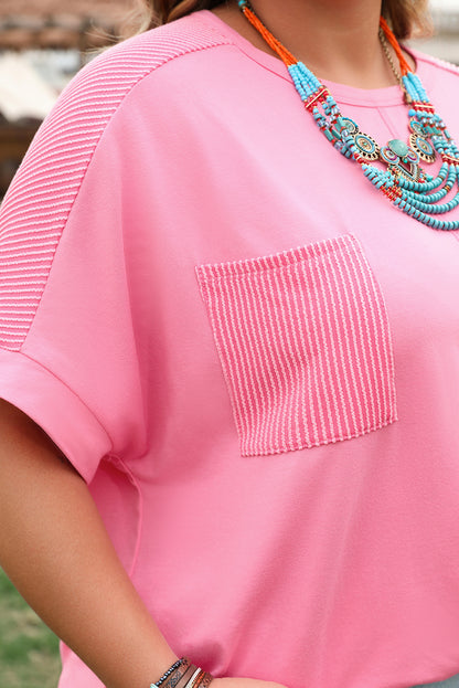 Bonbon Corded Patchwork Pocketed Plus Size T Shirt