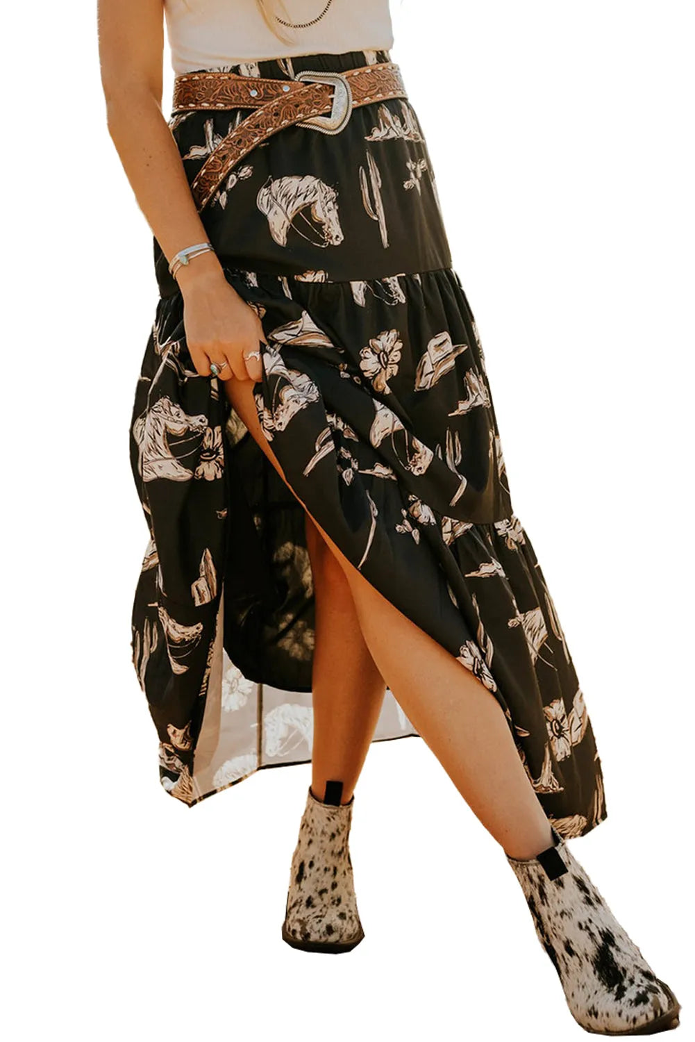 Black Western Print Tiered Ruffled High Waist Maxi Skirt - Chic Meadow Boutique 