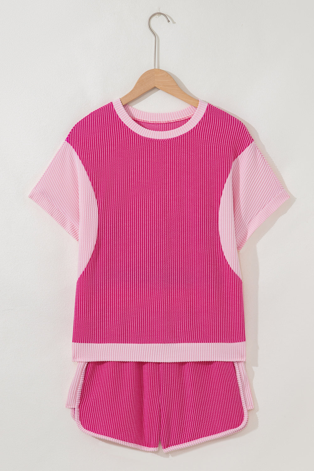 Rose Red 3D Spiral Ribbed Texture 2 Tones Patchwork Short Set