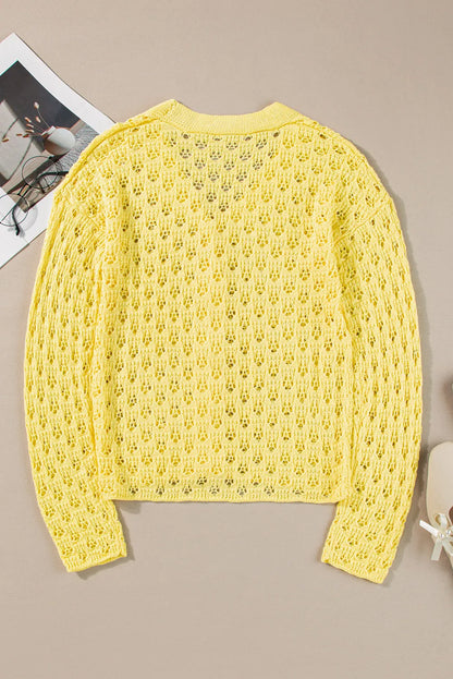 Yellow Pointelle Knit V Neck Sweater Cardigan - Chic Meadow Boutique 