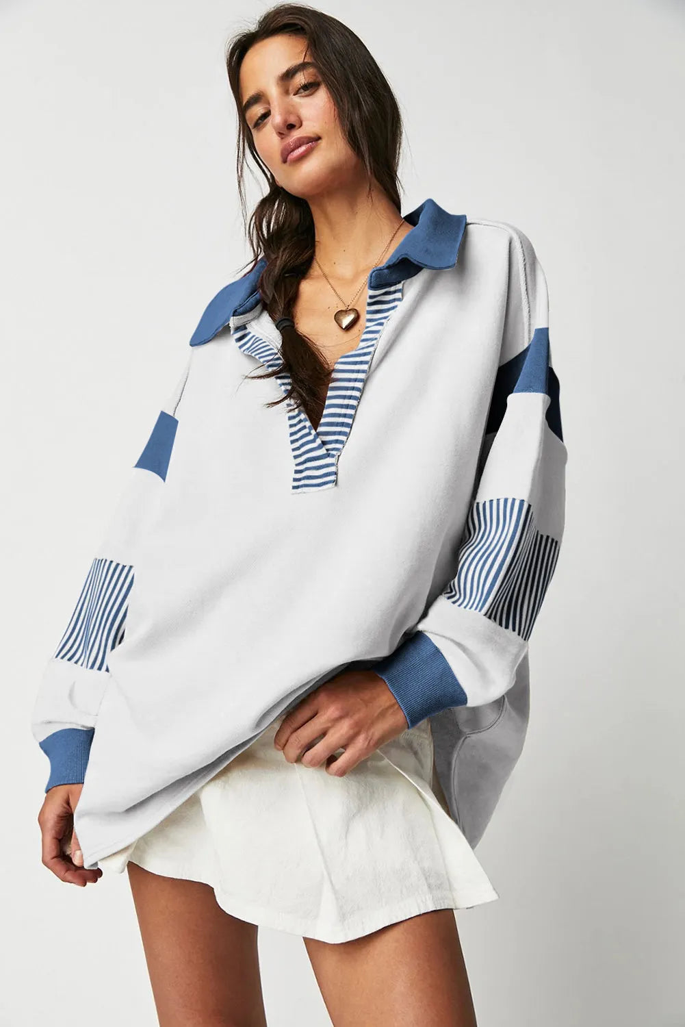 Dark Blue Striped Colorblock Patchwork Collar Sweatshirt - Chic Meadow Boutique 