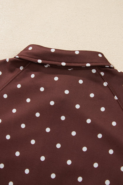 Brown Polka Dot Print Metal Button Collar Casual Pullover Sweatshirt