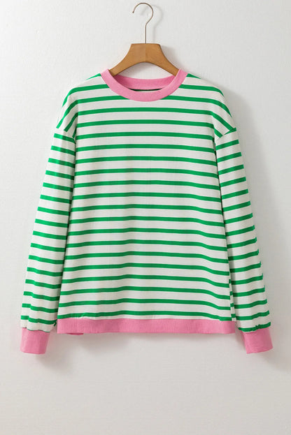 Bright Green Striped Contrast Edge Long Sleeve Top - Chic Meadow Boutique 