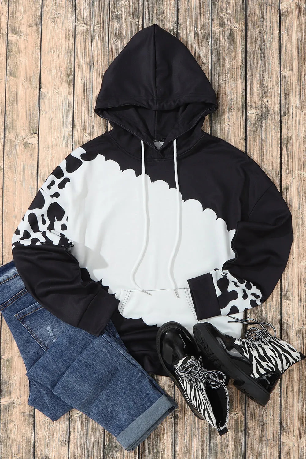 Black Cow Tie Dye Print Pocketed Drawstring Pullover Hoodie - Chic Meadow Boutique 