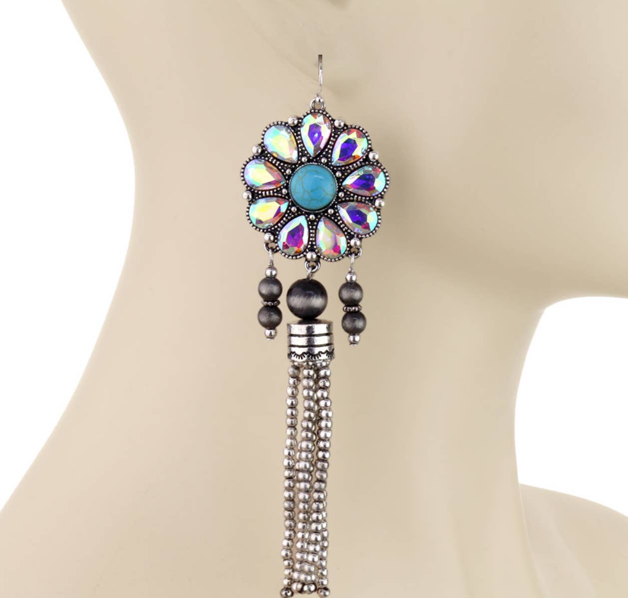 Western Concho Bead Fringe Dangle Earrings