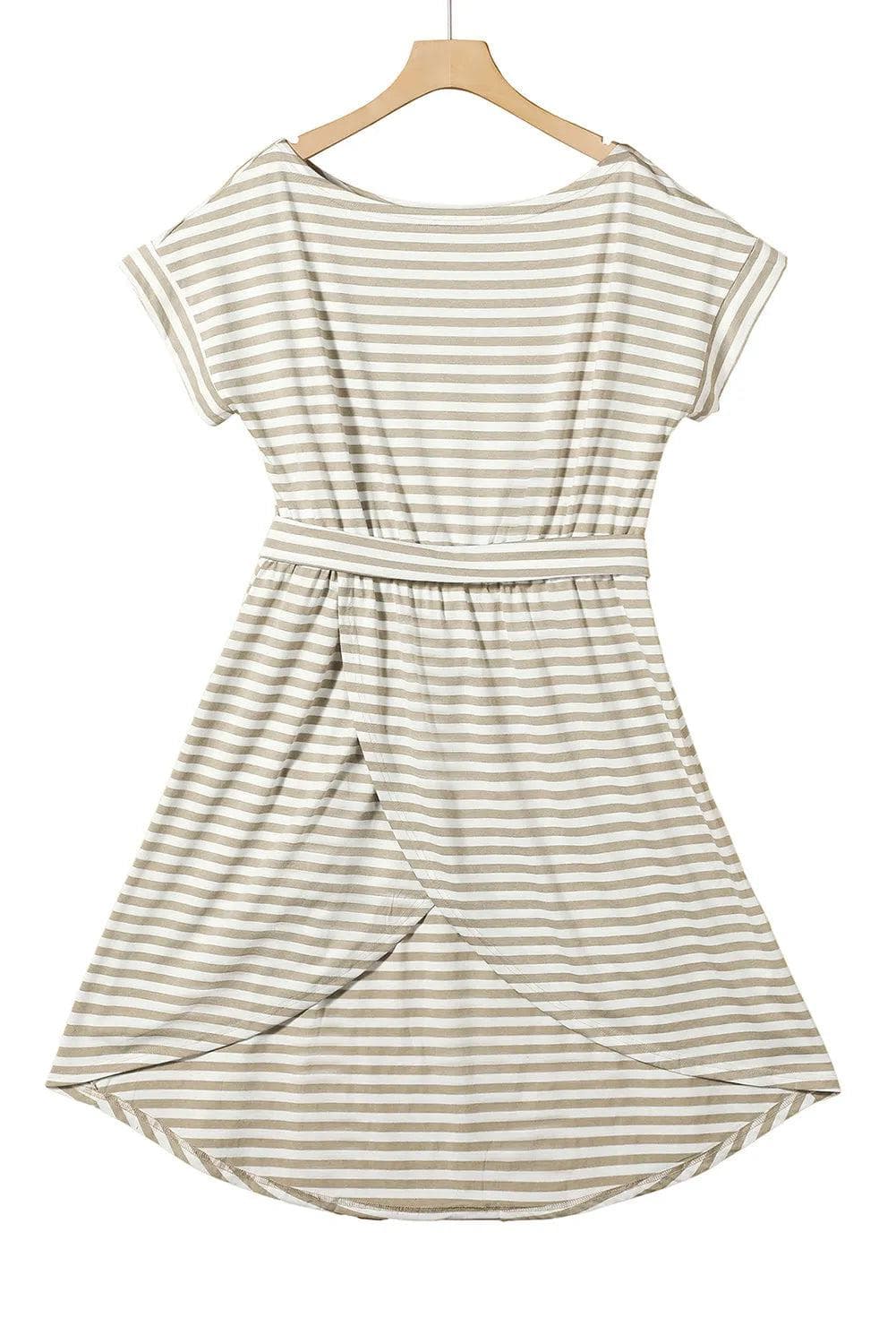 Dresses/T Shirt Dresses Khaki Stripe Short Sleeve Belted Wrapped Hemline T-Shirt Dress