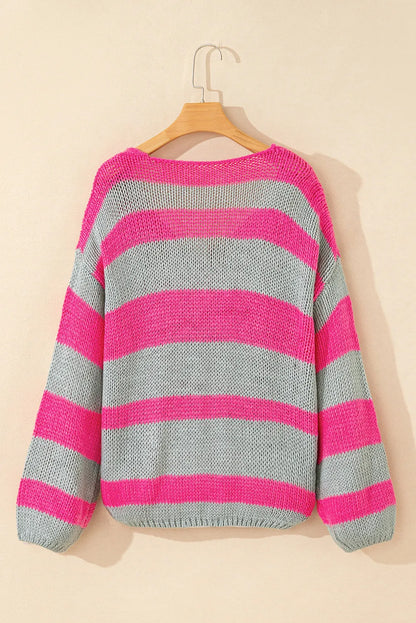 Rose Striped Colorblock Knit V Neck Loose Fit Sweater - Chic Meadow Boutique 