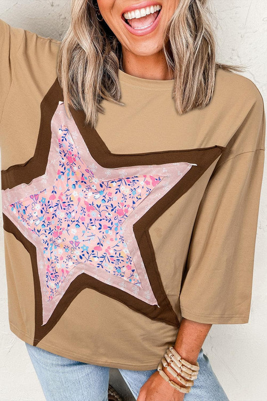 Tops/Long Sleeve Tops Camel / S / 95%Cotton+5%Elastane Camel Floral Star Patchwork 3/4 Long Sleeve Top