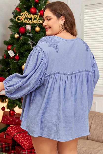 Beau Blue Plus Size Crochet Bracelet Sleeve Babydoll Blouse - Chic Meadow Boutique 