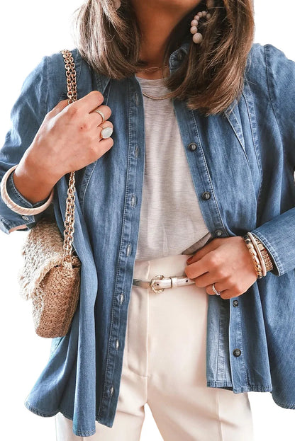 Sky Blue Button-up Long Sleeve Denim Shirt Jacket - Chic Meadow Boutique 