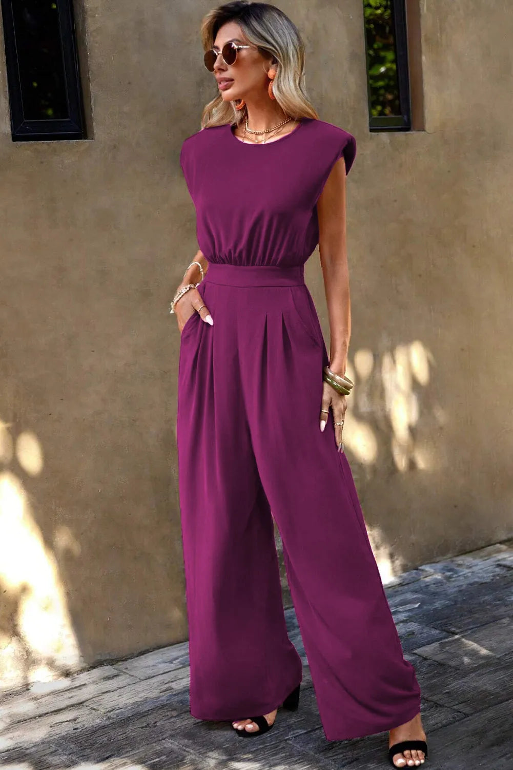 Rose Red Padded Shoulder Slant Pocket Wide Leg Jumpsuit - Chic Meadow Boutique 