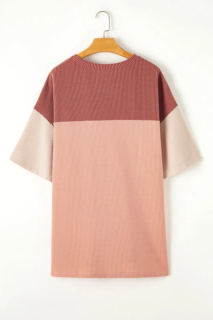 Rose Pink Plus Size Ribbed Colorblock T-shirt - Chic Meadow Boutique 