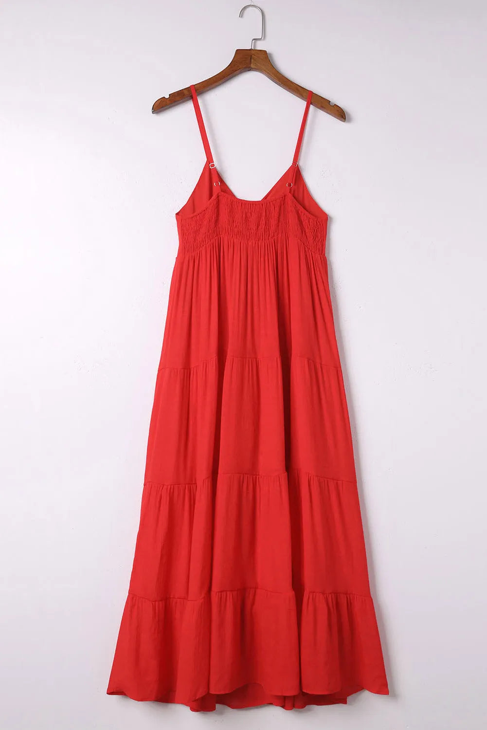 Red O-ring Smocked Back Spaghetti Straps Tiered Maxi Dress - Chic Meadow Boutique 