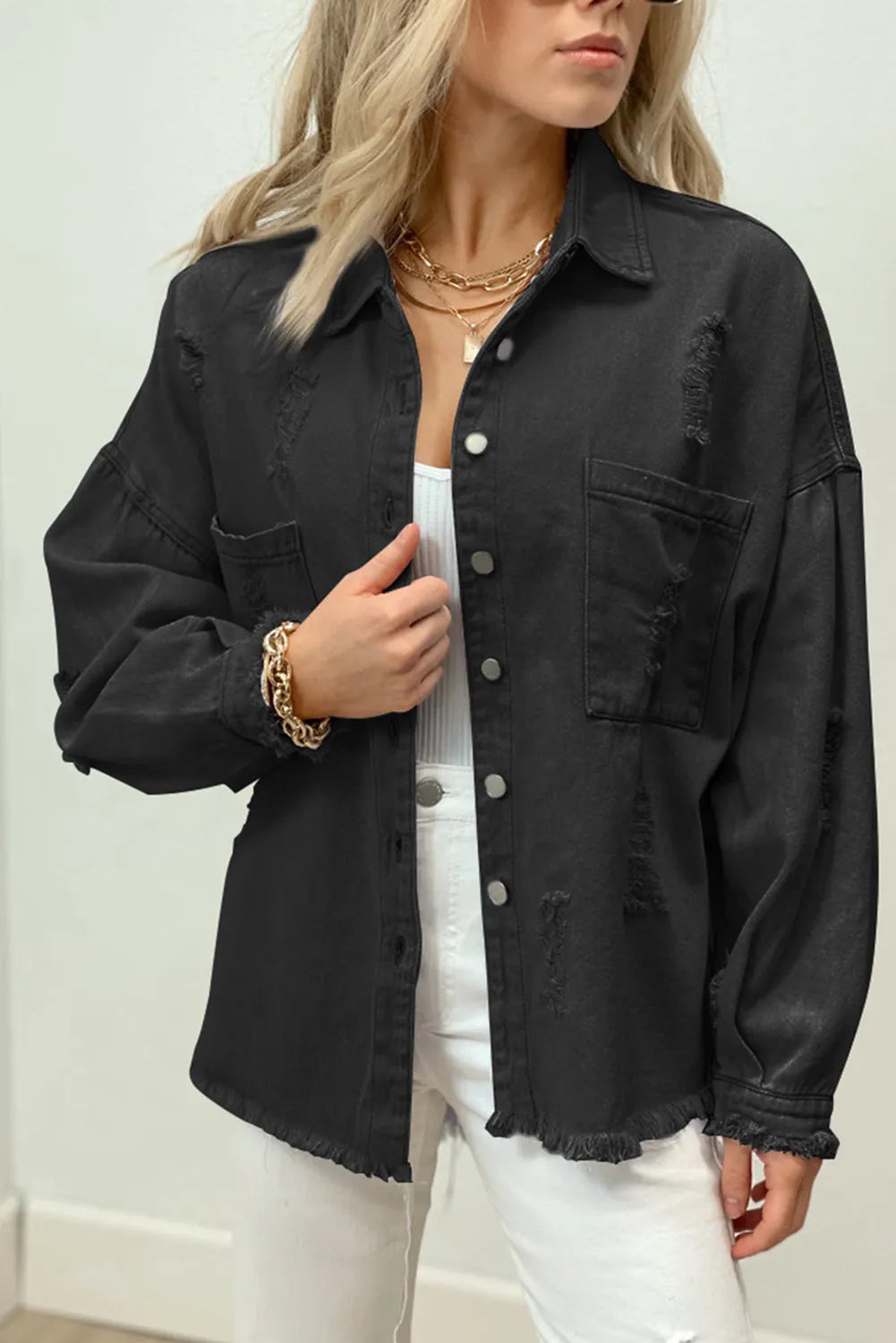 Black Distressed Fringe Trim Denim Jacket - Chic Meadow Boutique 