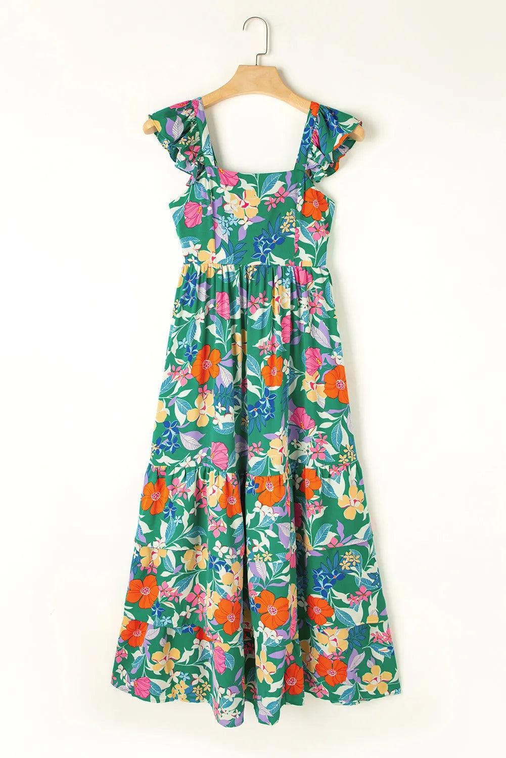 Dresses/Floral Dresses Green Floral Print Sleeveless Ruffle Tiered Maxi Dress