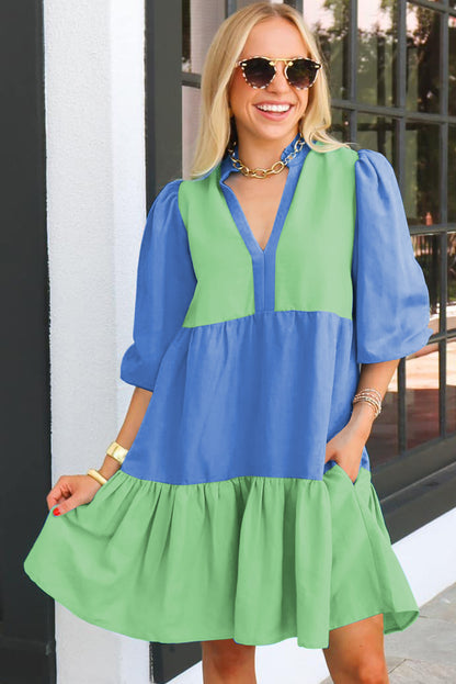 Dark Blue Colorblock Frilled V Neck Puff Half Sleeve Shift Dress