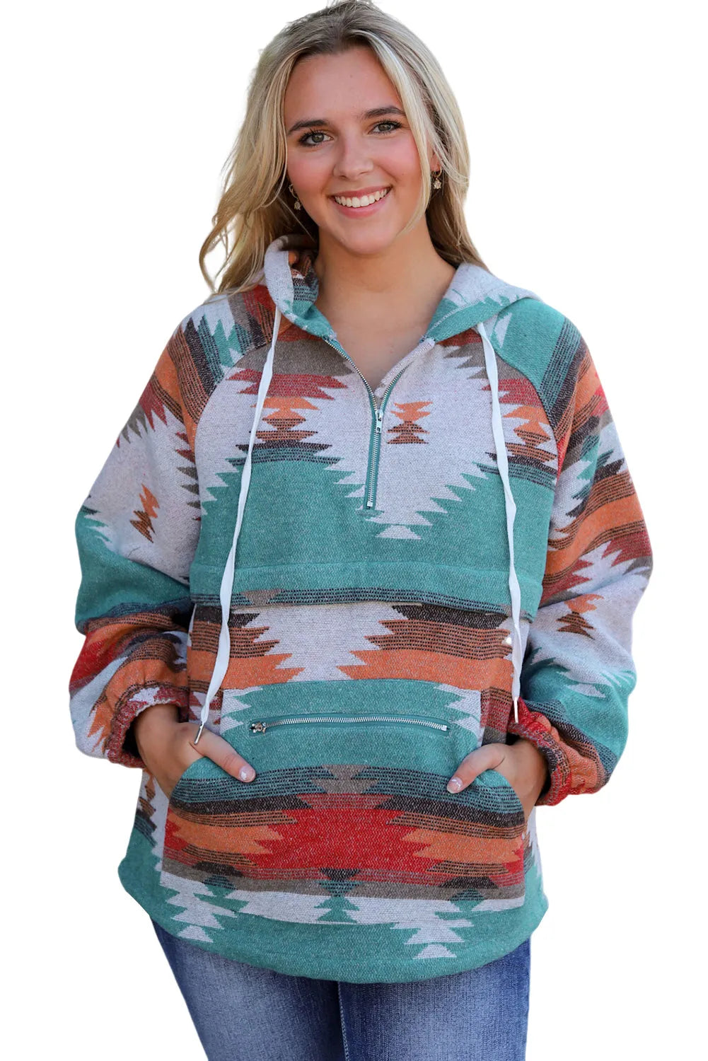 Tops/Sweatshirts & Hoodies Multicolor Aztec Print Zipped Split Neck Hoodie