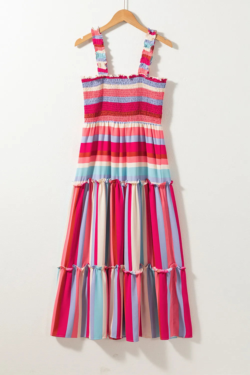 Red Stripe Ruffled Straps Smocked Tiered Long Dress - Chic Meadow Boutique 