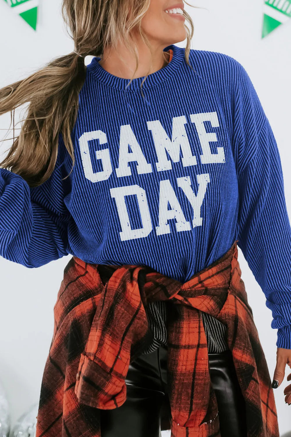 Bluing Corded GAME DAY Graphic Long Sleeve Crewneck Top - Chic Meadow Boutique 