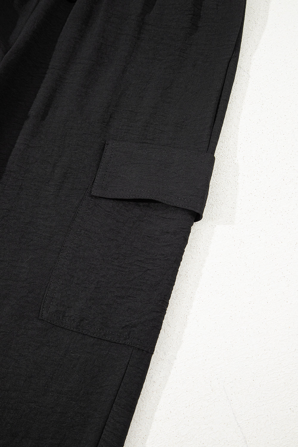 Black Drawstring Frilled Waist Wide Leg Utility Trousers