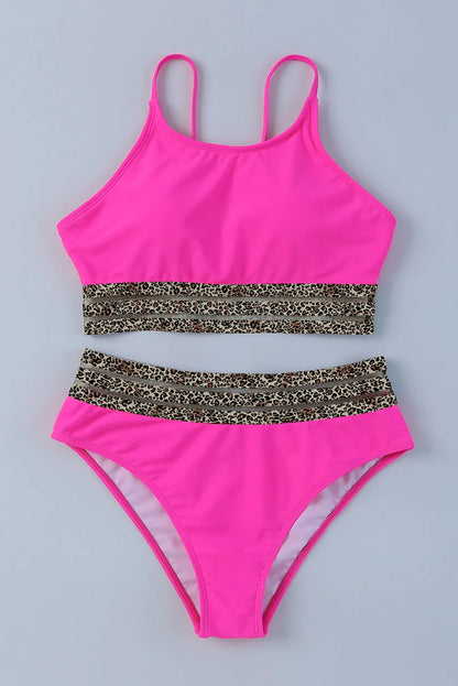 Rose Leopard Mesh Trim 2pcs Bikini Swimsuit - Chic Meadow Boutique 