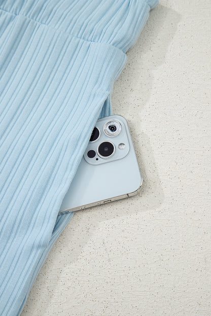 Beau Blue Ribbed Button V Neck Tank Top and Shorts Set