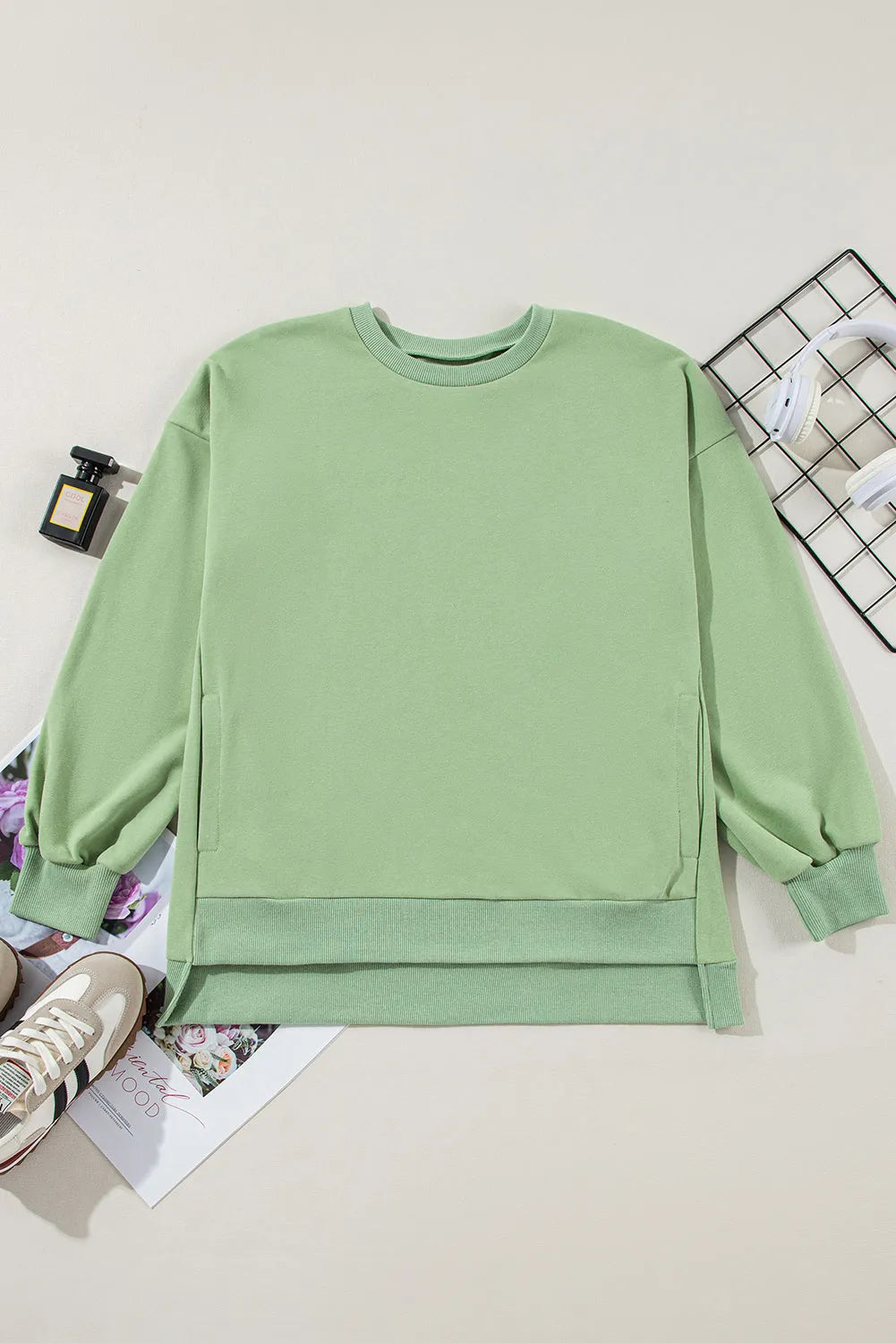 Tops/Sweatshirts & Hoodies Grass Green Solid Fleece Lined Drop Shoulder High Low Sweatshirt