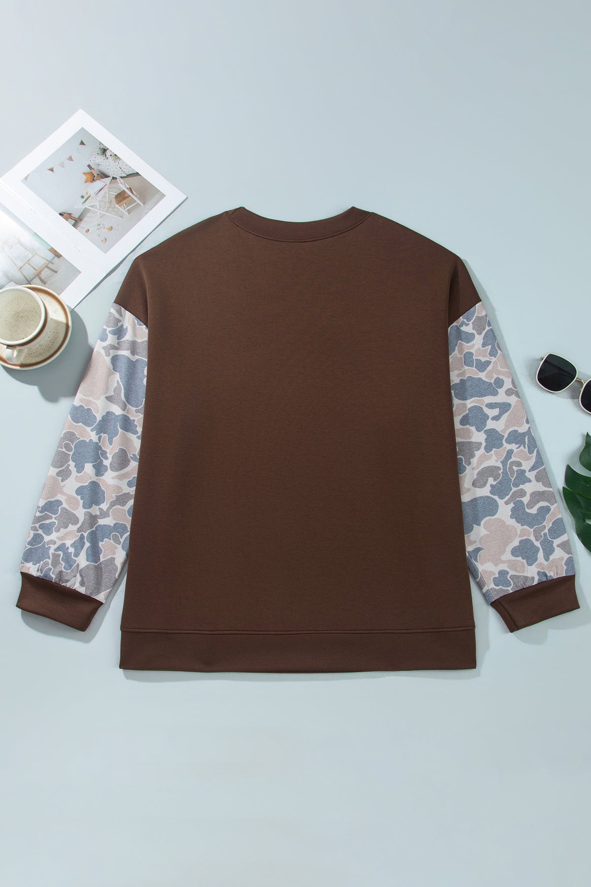 Coffee Mock Neck Camo Patchwork Drop Shoulder Plus Size Sweatshirt