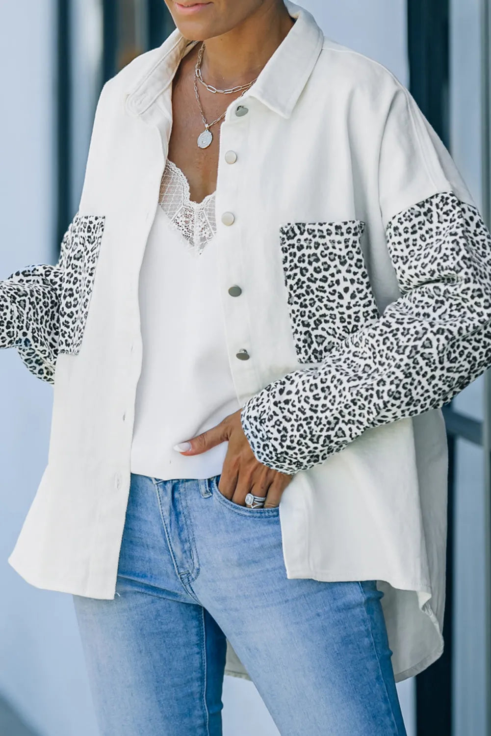 White Contrast Leopard Denim Jacket - Chic Meadow Boutique 